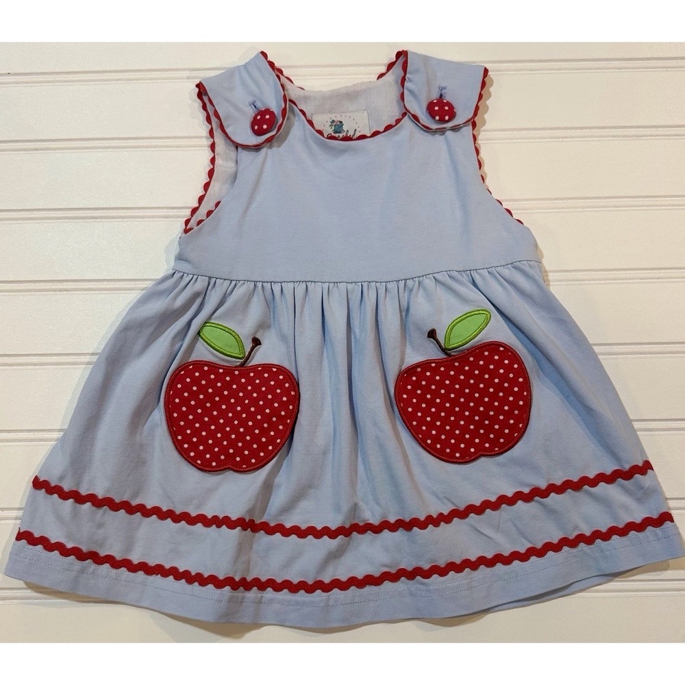 Smocked Polkadot Baby Girls Apple Dress 6M Blue Red Boutique Back to School Fall